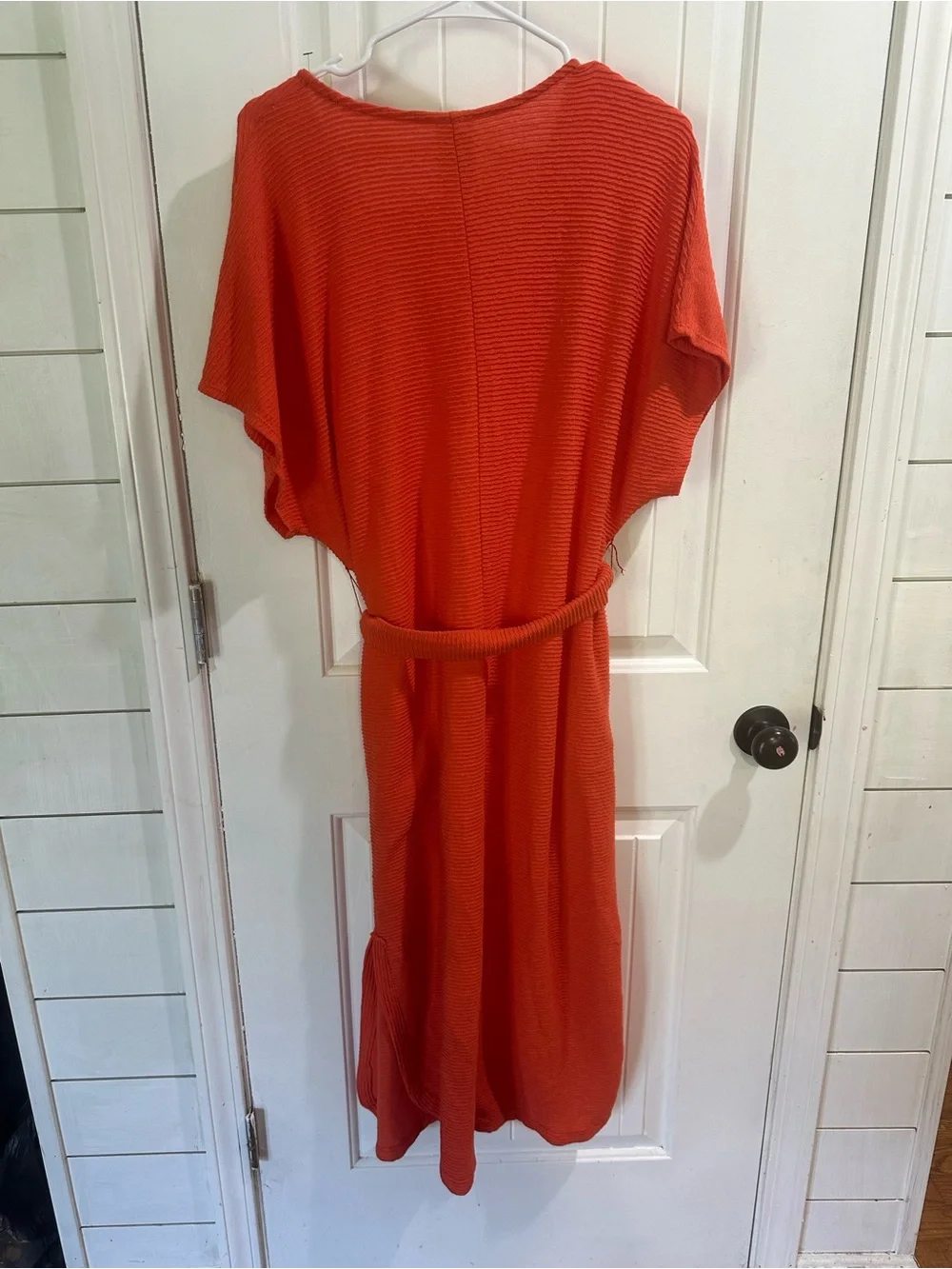 Free People Made in USA Burnt Orange Ribbed Knit Belted Kaftan Maxi Dress S Boho